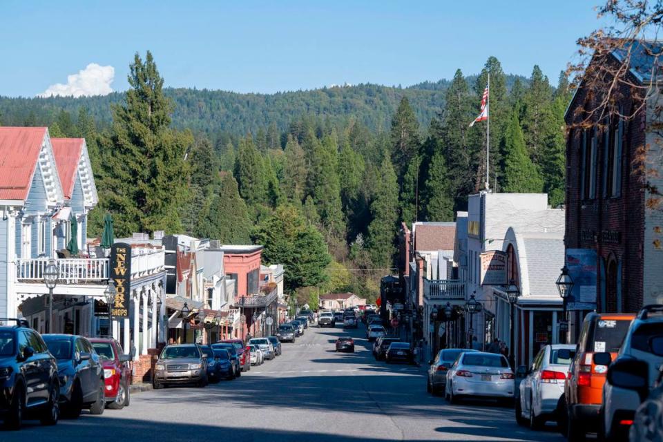 A view of Broad Street in Nevada City, about 50 miles northeast of Sacramento, shows the quaint town surrounded by trees in April.