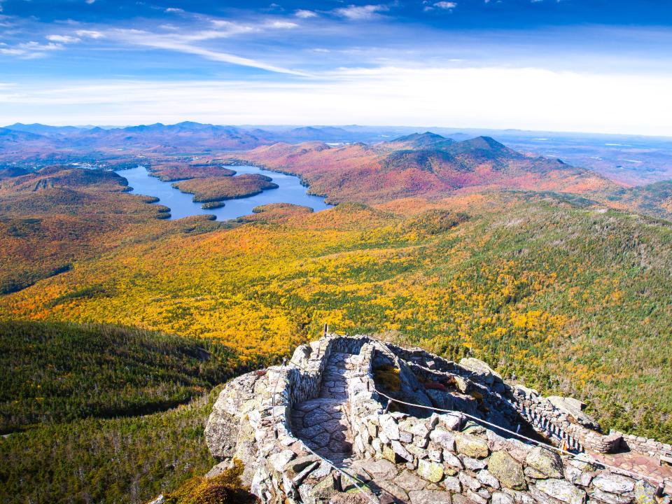 Adirondack Mountains in upstate new york, rock overlooking the fall trees