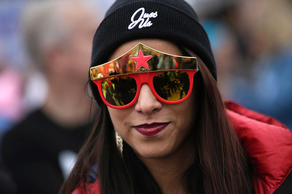 <p>A demonstrators wears Wonder Woman glasses as she attends the Women’s March on January 21, 2017 in Washington, DC. (JOSHUA LOTT/AFP/Getty Images) </p>