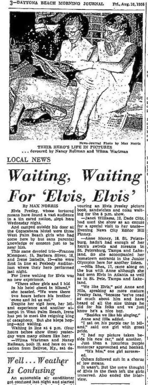 The Daytona Beach News-Journal published this article on Aug. 9, 1956 which interviewed fans of Elvis Presley as they waited in front of the Copacabana Motel on the southeast corner of A1A and Silver Beach Avenue where the rock star was staying. A south Florida developer recently unveiled plans to develop a 27-story condo-hotel on the property, which includes the former site of the old Lido Motel as well. Both were torn down in 2007.