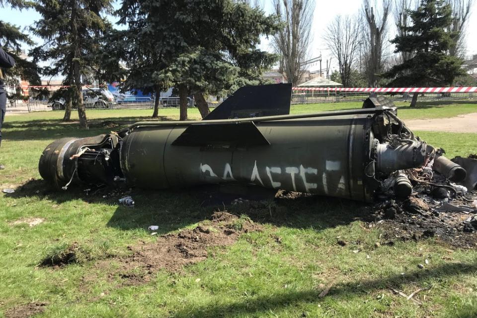 Remains of a missile are seen near a rail station, amid Russia's invasion of Ukraine, in Kramatorsk, Ukraine April 8, 2022. The writing reads: 