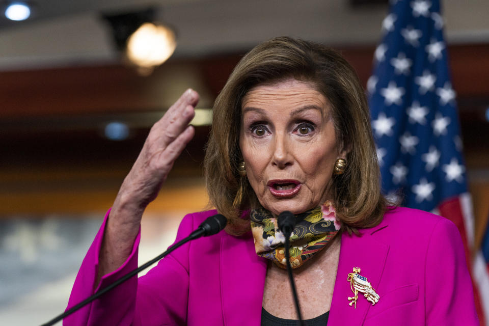 House Speaker Nancy Pelosi of Calif., speaks during a news conference on Capitol Hill, Friday, Sept. 18, 2020, in Washington. (AP Photo/Manuel Balce Ceneta)