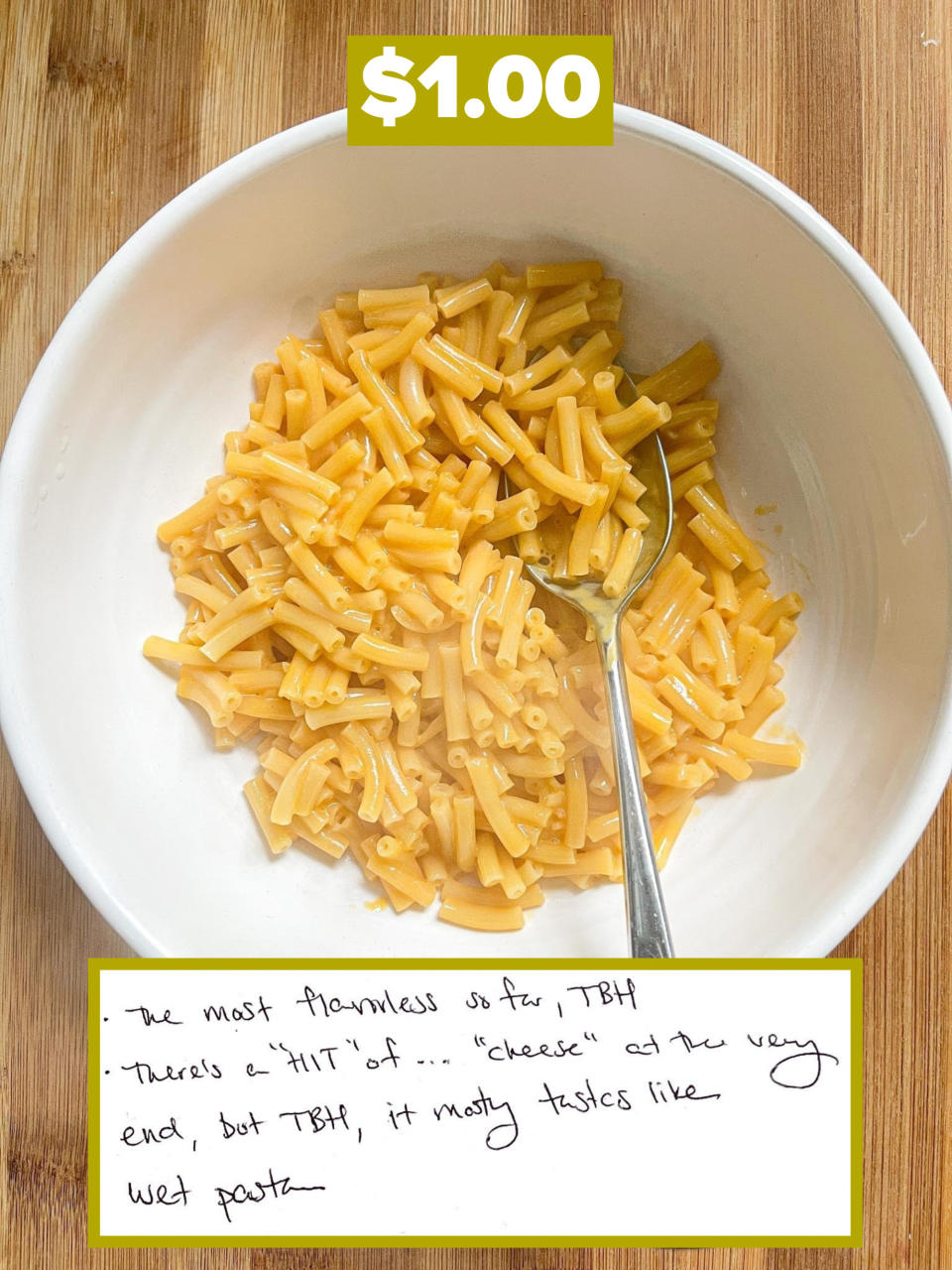 Cost: 1:00; author's handwritten notes included at the bottom, including "the most flavorless so far, TBH" and "it mostly tastes like wet pasta"