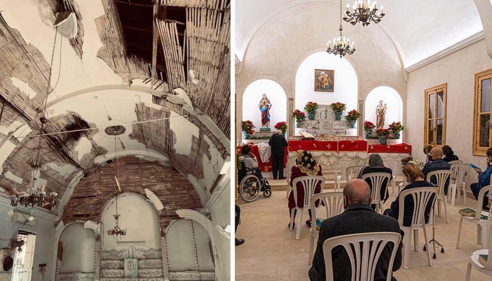 <p>Saydet el Najet church after the blast and now after it has been restored for Christmas Eve</p>Bel Trew/Offre Joie