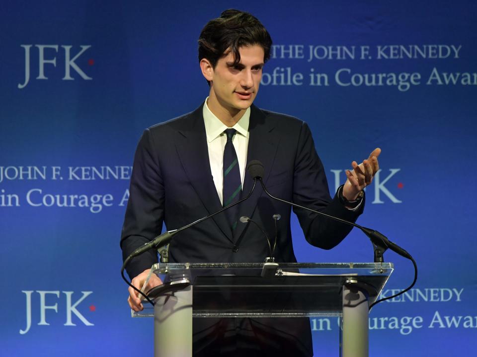 Jack Schlossberg introduces Speaker Nancy Pelosi who received the 2019 Profile in Courage Award at The John F. Kennedy Presidential Library And Museum on May 19, 2019