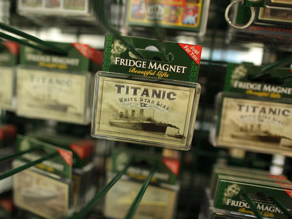 A Titanic-themed fridge magnet on sale at The Pump House in Belfast’s Titanic Quarter (Getty)