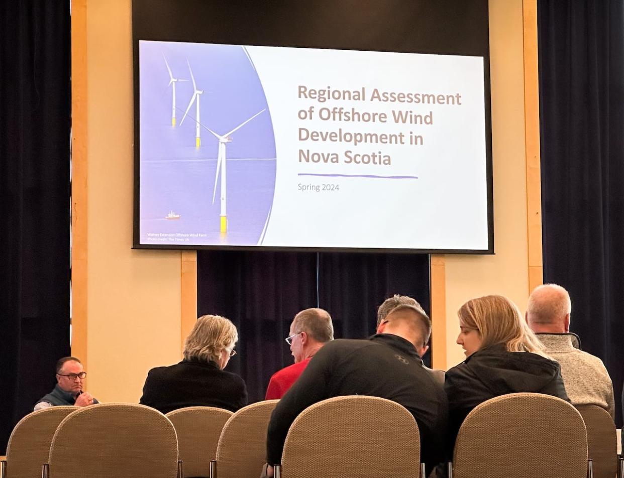 Only about 15 people attended an open house Monday night in Port Hawkesbury, N.S., to get information and provide feedback on the coming offshore wind farm industry in Nova Scotia. (Tom Ayers/CBC - image credit)