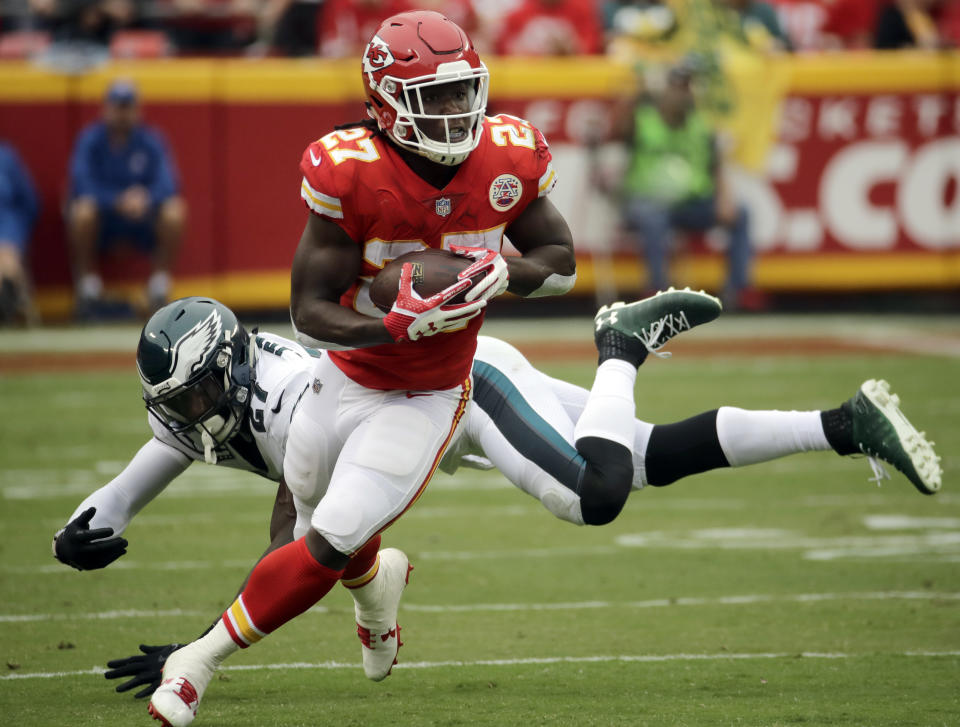 Kansas City Chiefs running back Kareem Hunt has five touchdowns through his first to NFL games. (AP Photo/Charlie Riedel)