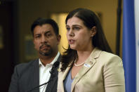 Colorado Secretary of State Jena Griswold speaks at a news conference at the Denver Elections Division in downtown Denver on Tuesday, June 28, 2022. (AP Photo/Thomas Peipert)