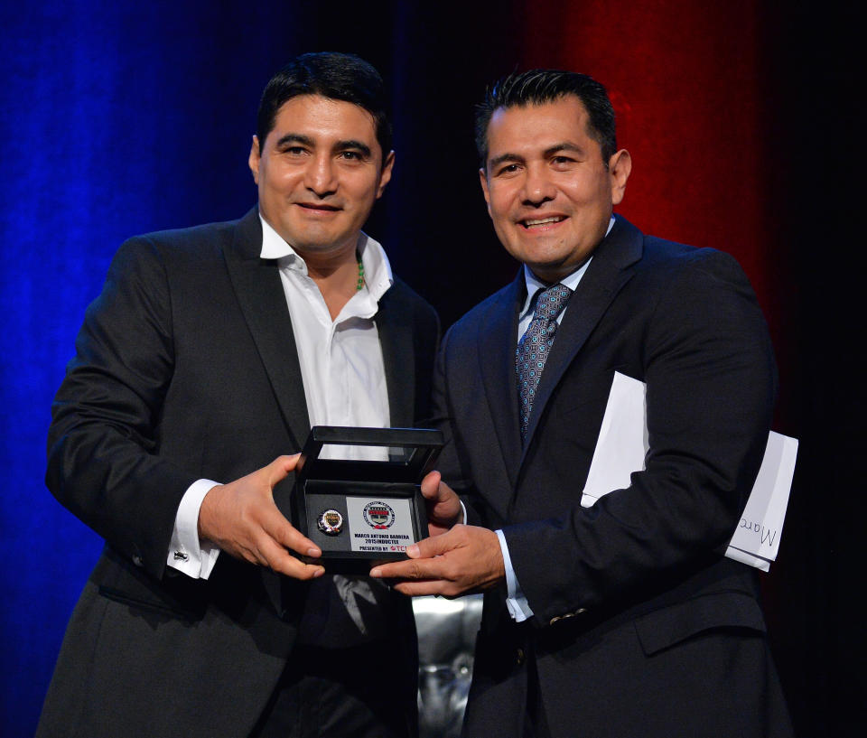 Erik Morales (L), with archrival Marco Antonio Barrera in August at the Nevada Boxing Hall of Fame induction ceremony, was elected Tuesday to the International Boxing Hall of Fame. (Sam Wasson/Getty Images)