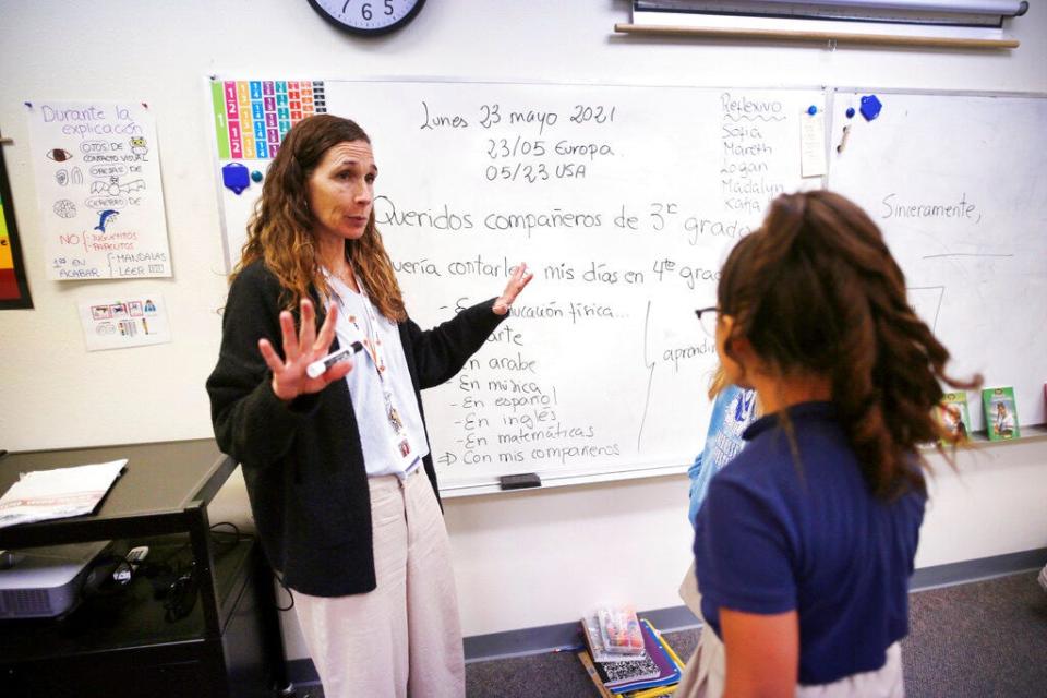 Spanish teacher Titi Martin-Borregon teaches Fourth grade Spanish/English dual language class students at the New Mexico International School in Albuquerque, N.M., on Monday, May 23, 2022.