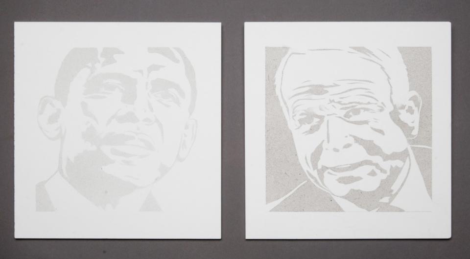 Smog portraits titled "Obama in 9 Days of Smog" and "McCain in 18 Days of Smog" were based on each's emission goals.