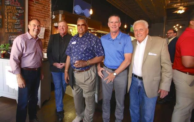 Ohio state Sen. Bob Peterson (left) chats with supporters at restaurant in Chillicothe on Wednesday. Peterson is betting that local endorsements will carry more weight than national ones. (Photo: Bob Peterson for Congress/Facebook)