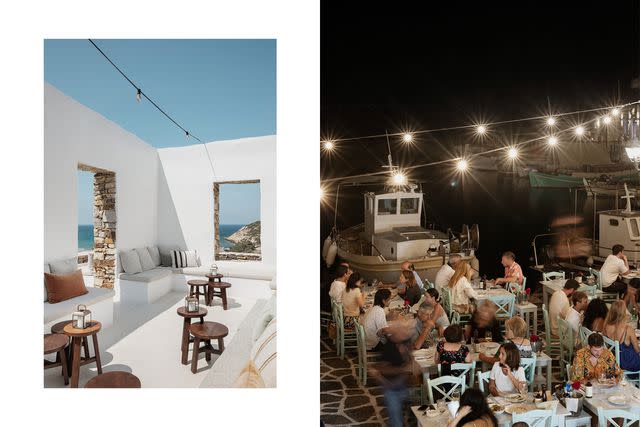 <p>Margarita Nikitaki</p> From left: An open-air lounge at the Rooster, a resort on the island of Antiparos; dining by the harbor in the village of Naousa, on Páros.