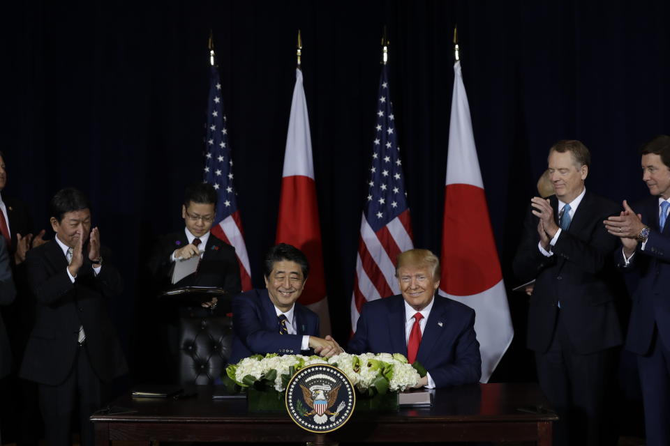 President Donald Trump meets with Japanese Prime Minister Shinzo Abe at the InterContinental Barclay New York hotel during the United Nations General Assembly, Wednesday, Sept. 25, 2019, in New York. (AP Photo/Evan Vucci)