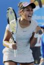 Zarina Diyas of Kazakhstan celebrates after defeating Anna Schmiedlova of Slovakia in their women's singles second round match at the Australian Open 2015 tennis tournament in Melbourne January 21, 2015. REUTERS/John French (AUSTRALIA - Tags: SPORT TENNIS)