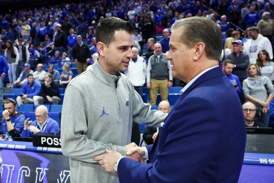 Florida coach Todd Golden (left) and Kentucky head man John Calipari (right) split two meetings in 2023-24, with each winning on the other’s home court.