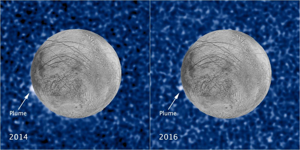 Ein gesprenkelter, verschwommener blauer Hintergrund zeigt ein geteiltes Bild eines grauen, vernarbten Planeten mit einem weißen Fleck mit der Aufschrift „Plume“ links davon.