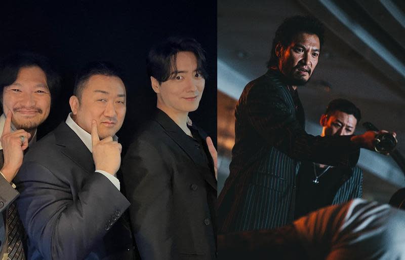 日本演員青山崇高（右圖）受邀加入《犯罪都市3》卡司陣容，近日與馬東石（左圖中）和李浚赫（左圖右）一起在韓國跑宣傳。（左圖翻攝自李浚赫Instagram，右圖車庫娛樂提供）