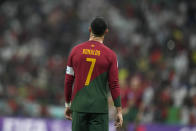 Portugal's Cristiano Ronaldo stands during the World Cup round of 16 soccer match between Portugal and Switzerland, at the Lusail Stadium in Lusail, Qatar, Tuesday, Dec. 6, 2022. (AP Photo/Alessandra Tarantino)