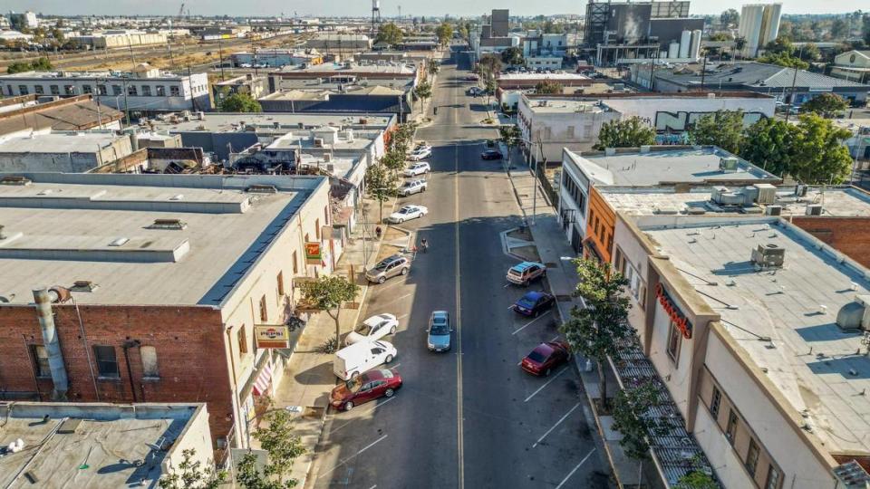 Businesses in Fresno’s Chinatown line F Street, including Cuca’s, west of downtown Fresno in this drone image made on Wednesday, Nov. 8, 2023.