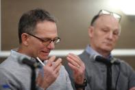 Tad Deluca, a University of Michigan wrestler from the 1970s, speaks during a news a news conference Thursday, Feb. 27, 2020, and identified himself as the whistleblower whose 2018 complaint about the late Dr. Robert E. Anderson led to a police investigation. He says he was kicked off the team and lost his financial aid after complaining to a coach that he had been abused by a sports doctor. (AP Photo/Carlos Osorio)