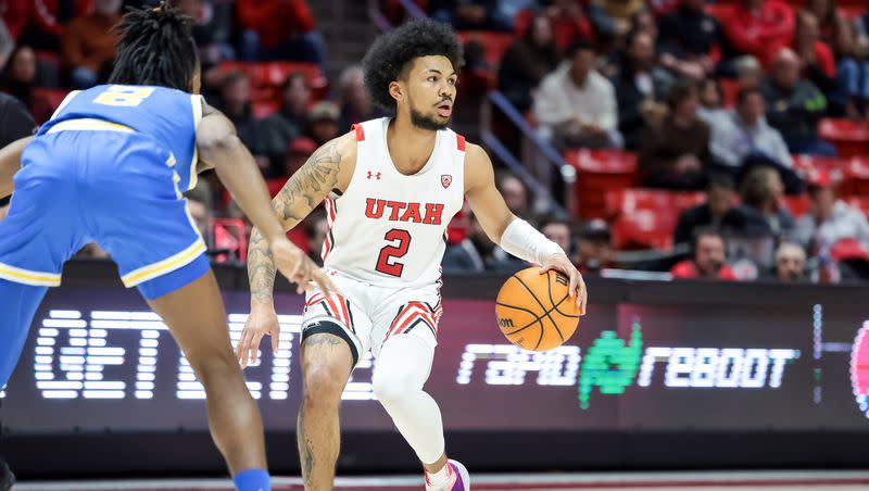 Utah Utes guard Mike Saunders Jr. (2) moves the ball down court during the game against the UCLA Bruins at the Huntsman Center in Salt Lake City on Thursday, Feb. 23, 2023. Saunders has reportedly entered the NCAA transfer portal.