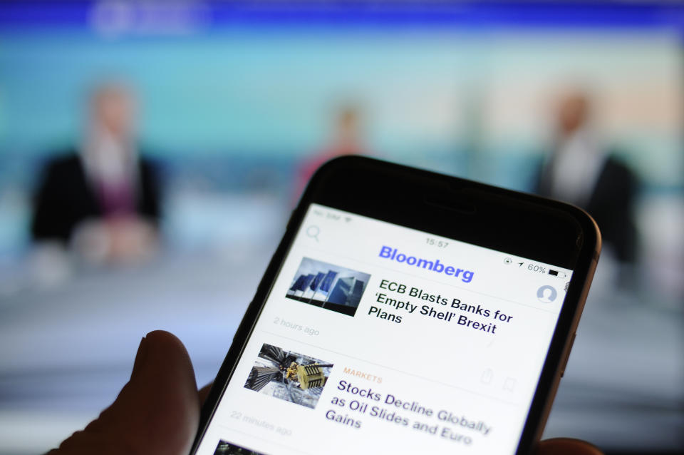 The Bloomberg news application is seen on a smartphone on November 15, 2017. (Photo by Jaap Arriens/NurPhoto via Getty Images)