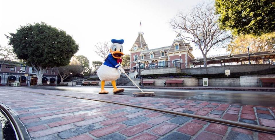 Donald Duck sweeping at Disneyland.