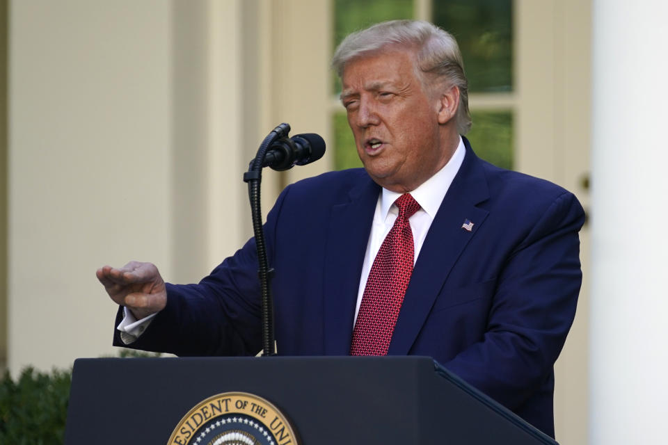 President Donald Trump speaks during a news conference in the Rose Garden of the White House, Tuesday, July 14, 2020, in Washington. (AP Photo/Evan Vucci)