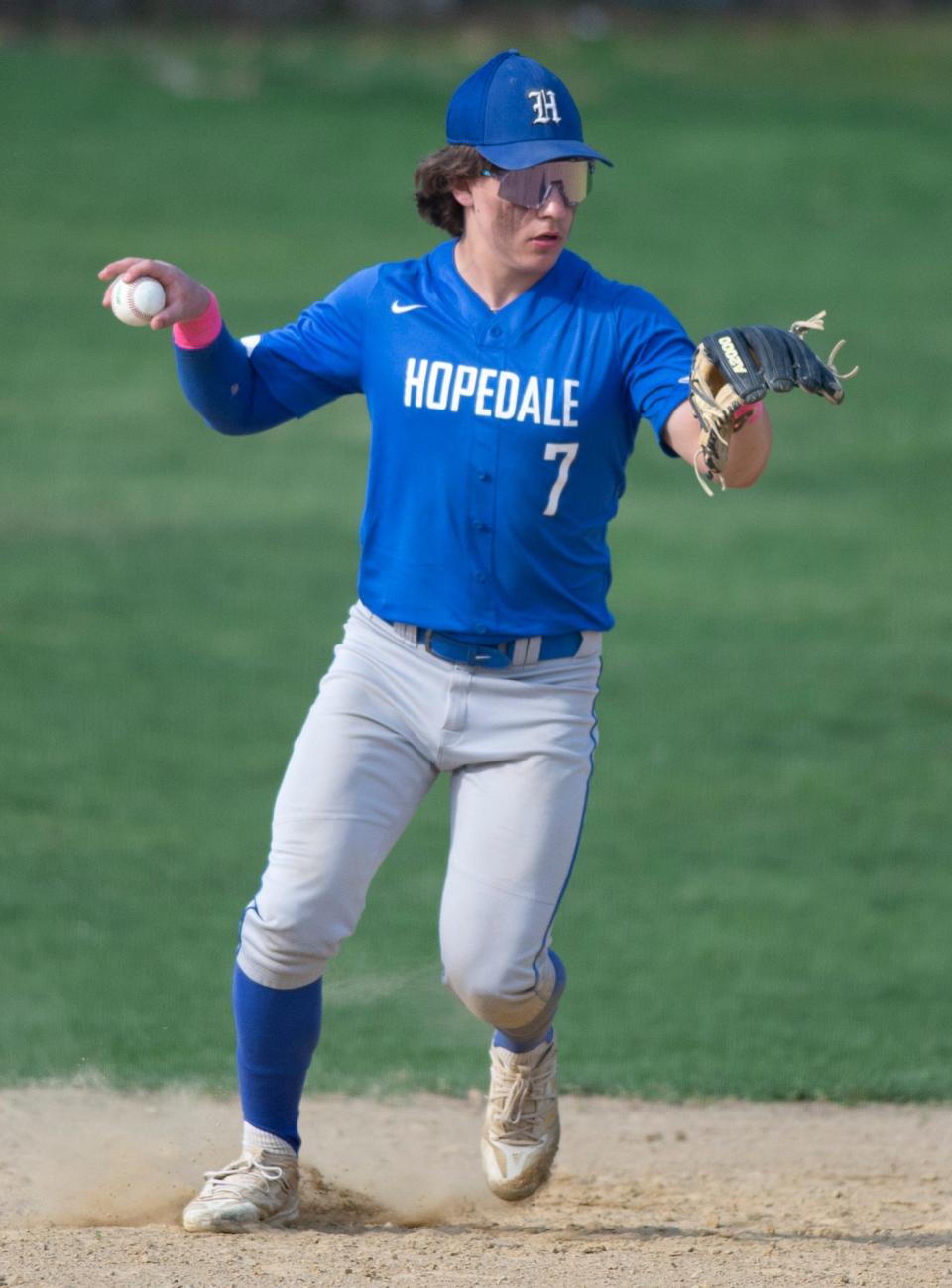 Hopedale High School shortstop Brayden Lewis readies to throw against Oxford, April 14, 2023.