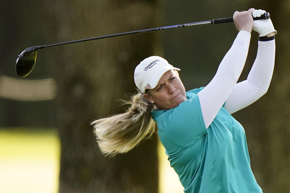 Brittany Lincicome watches her tee shot on the sixth hole during the first round of the KPMG Women's PGA Championship golf tournament at the Aronimink Golf Club, Thursday, Oct. 8, 2020, in Newtown Square, Pa. (AP Photo/Matt Slocum)