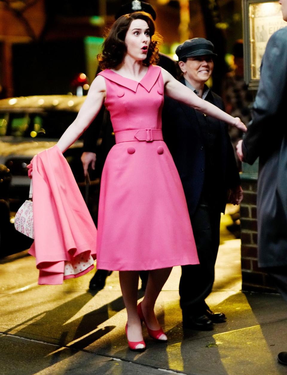 <p>Rachel Brosnahan gets animated on Friday night on the New York City set of <em>The Marvelous Mrs. Maisel. </em></p>