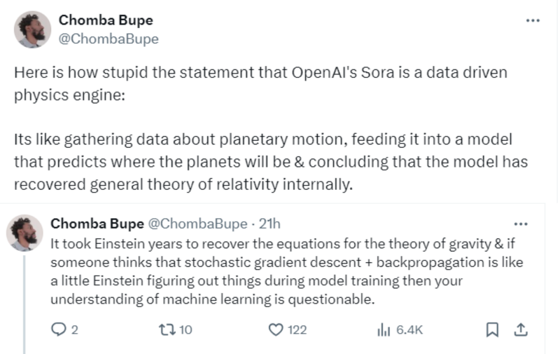 <cite>Chomba Bupe認為，認定Sora理解物理的觀點，是一大錯誤。（圖／翻攝自推特）</cite>