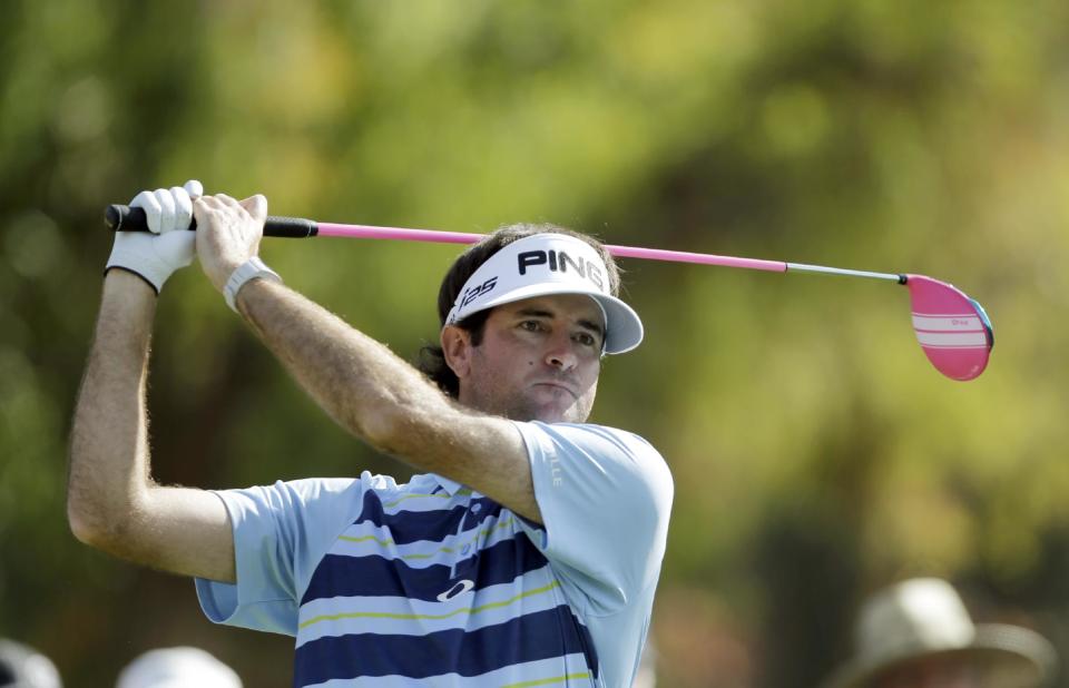 Bubba Watson drives on the second tee at the final round of the Northern Trust Open golf tournament at Riviera Country Club in the Pacific Palisades area of Los Angeles, Sunday, Feb. 16, 2014. (AP Photo/Reed Saxon)