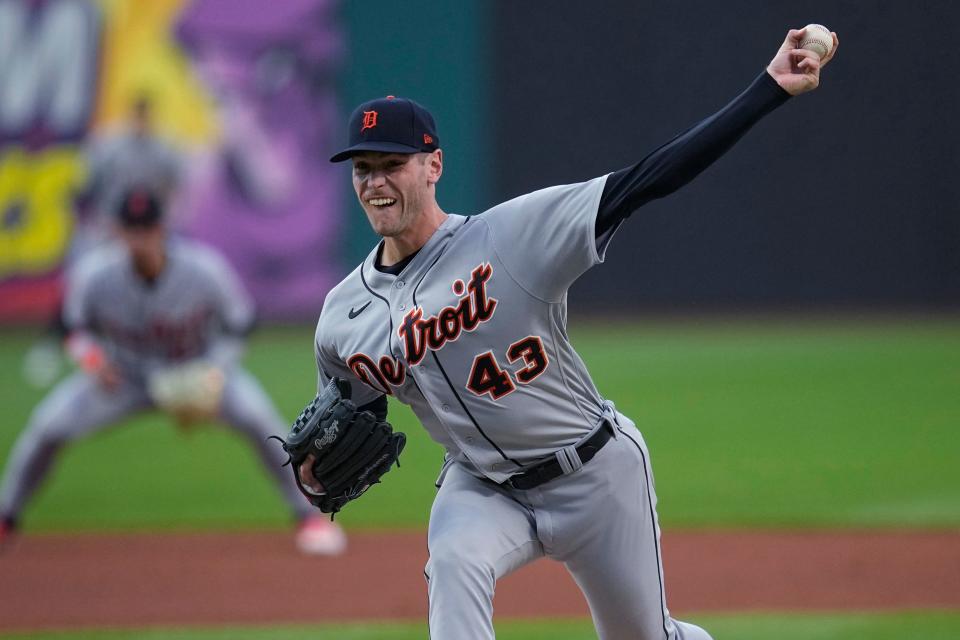 Detroit Tigers' Joey Wentz pitches to a Cleveland Guardians batter during the first inning of Game 2 of a doubleheader at Progressive Field in Cleveland on Friday, Aug. 18, 2023.