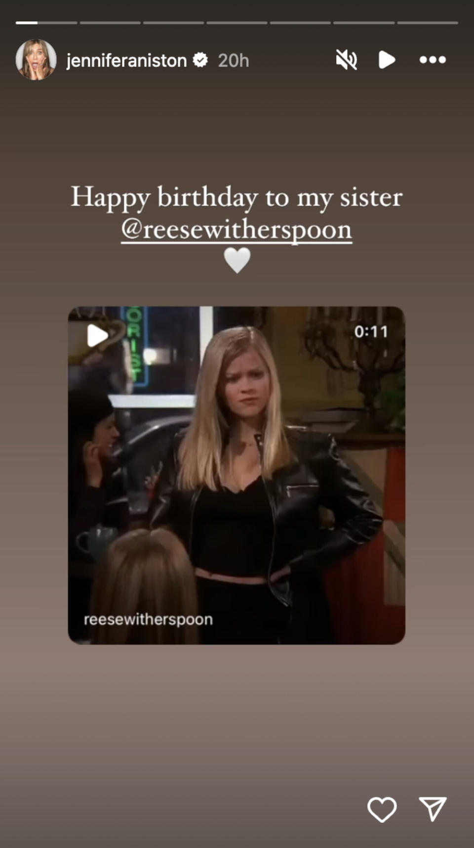 Jennifer Aniston shares Friends birthday post for Reese Witherspoon.