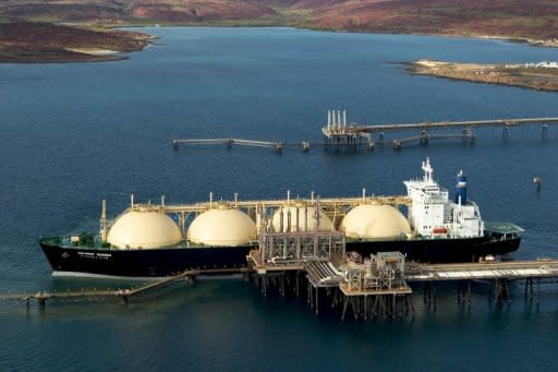 This file photo, obtained on July 18, shows Woodside Energy Ltd's LNG (liquefied natural gas) tanker at the Karratha gas plant loading terminal in the north of Western Australia. Australia is set to enjoy explosive growth in its gas exports, with experts predicting it will overtake Qatar as the leading Liquified Natural Gas (LNG) producer within the decade