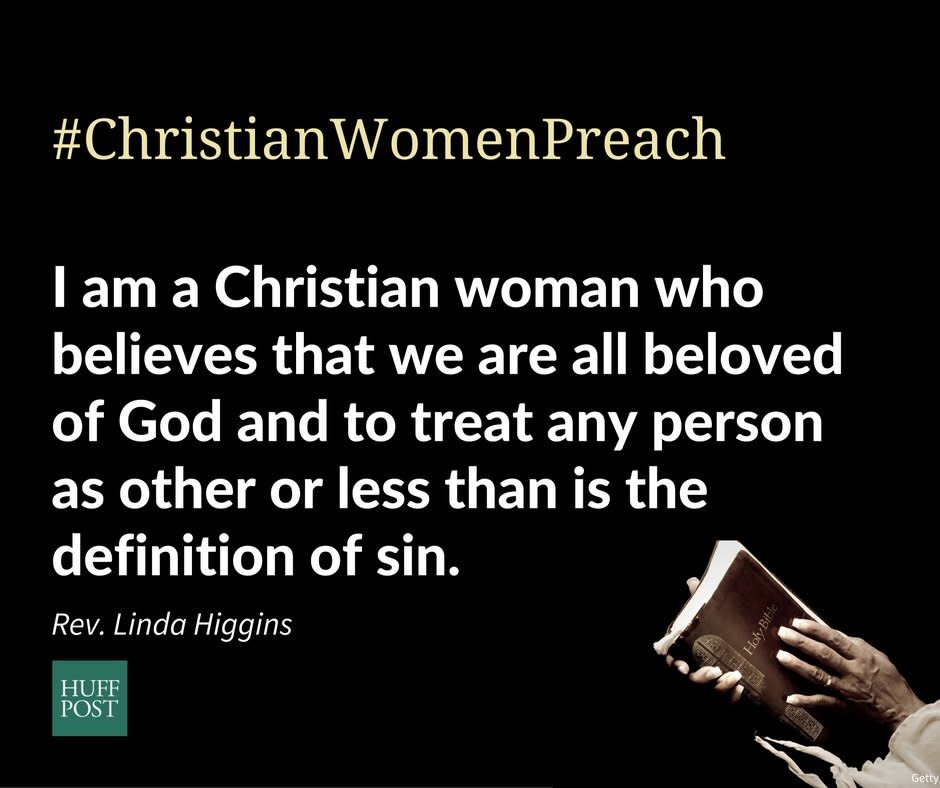 "<strong>I am a Christian woman who believes that we are all beloved of God and to treat any person as other or less than is the definition of sin.</strong> I am called as a Christian to love God and my neighbor as myself. I believe that mothers and fathers should not have to protect their children from the presidential race due to how nasty it is: the language, how it portrays women, people of color or people from other countries. We are all children of God and equal as such.I am also a woman who has lived through experiences of men thinking they could treat me as an object and do not believe any one should president with that view of women."<br />-&nbsp;Rev. Linda Higgins,&nbsp;St John's Richmond&nbsp;United Church of Christ