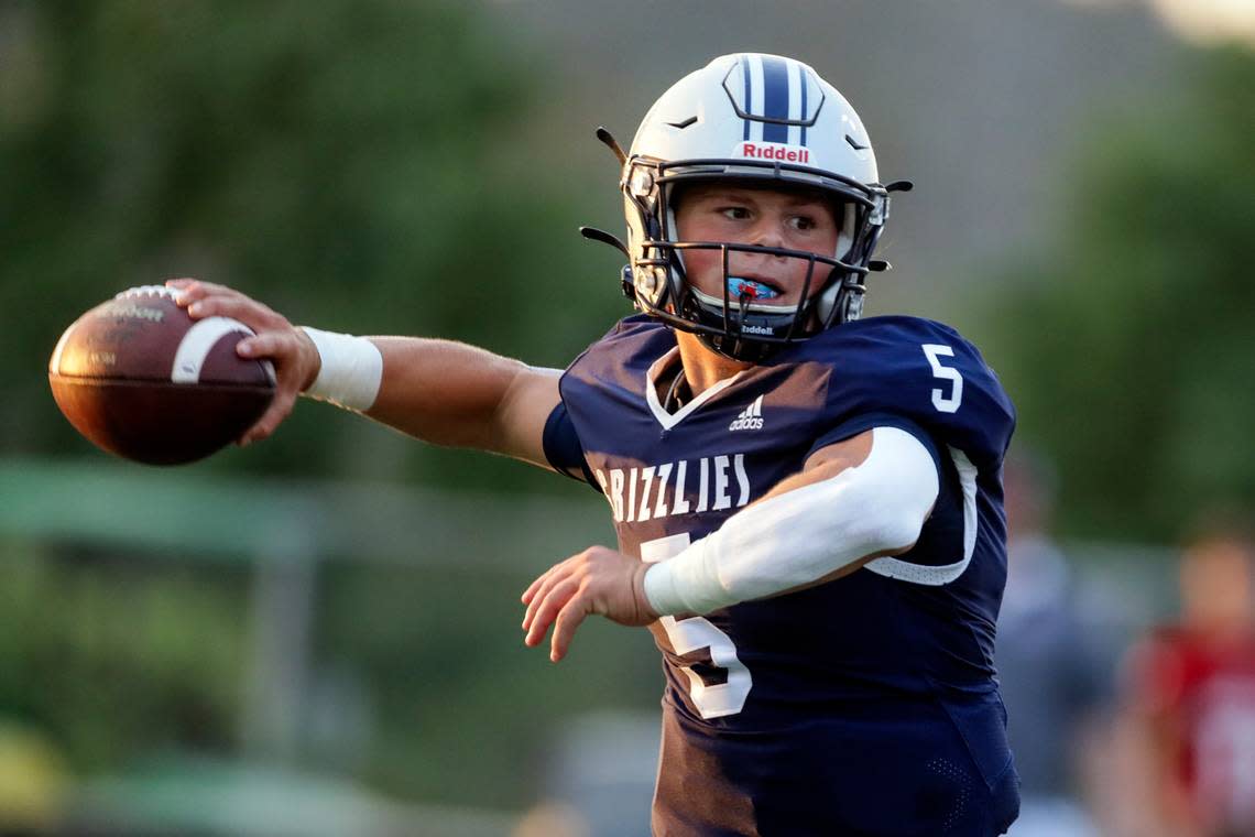 Glacier Peak’s River Lien draws back to pass against Snohomish Friday night at Snohomish High School in Snohomish, Washington on September 2, 2022. Glacier Peak led 28-0 at the half. (Kevin Clark / The Herald)