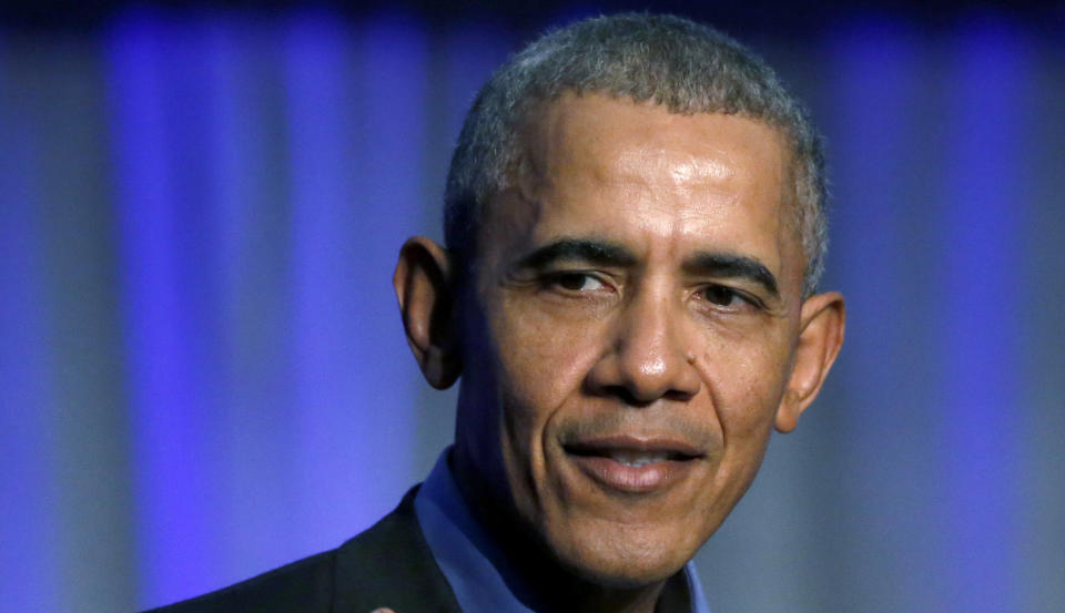 FILE- In this Dec. 5, 2017, file photo, former President Barack Obama speaks in Chicago. Obama is stepping into the midterm battle. Ahead of his first campaign events of the midterm elections, Obama is set to speak Friday as he accepts an ethics in government award in Illinois. (AP Photo/Charles Rex Arbogast, File)