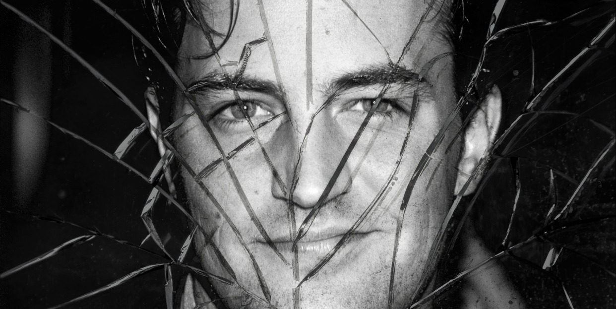 a 1994 picture of matthew perry overlaid with shattered glass