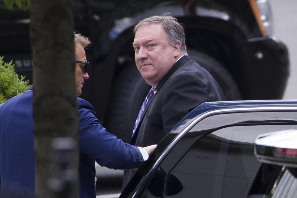 Secretary of State Mike Pompeo arrives for a meeting with President Donald Trump about Iran at the White House, Thursday, June 20, 2019, in Washington. (AP Photo/Alex Brandon)