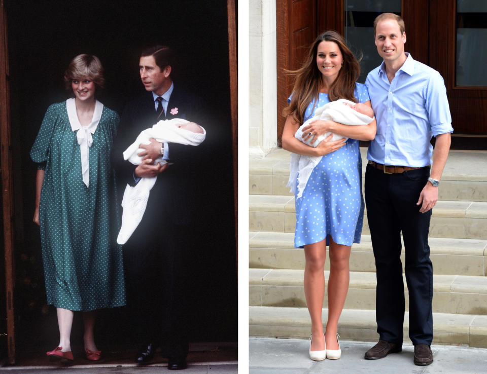 <span>Following the birth of Prince George, the Duchess of Cambridge may have gotten sartorial inspiration from Princess Diana in a polka dot dress by Jenny Packham. (Photos: Getty Images)</span>