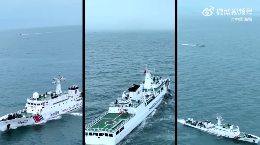 29日的影片顯示，福建海警出動至少4艘艦艇。（圖／翻攝自微博）