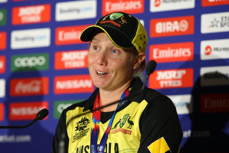 Alyssa Healy (pictured) speaks to the media after winning the ICC Women's T20 Cricket World Cup Final.