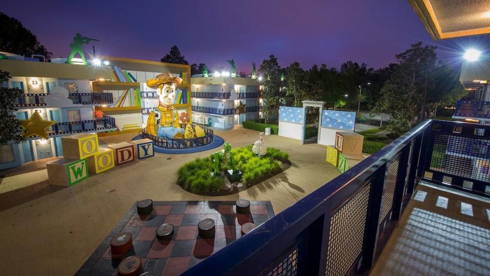 toy story view from a balcony at disney all star movies resort