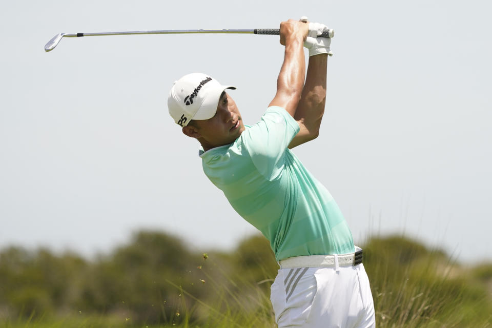 Collin Morikawa works off the fifth tee during the third round at the PGA Championship golf tournament on the Ocean Course, Saturday, May 22, 2021, in Kiawah Island, S.C. (AP Photo/Matt York)