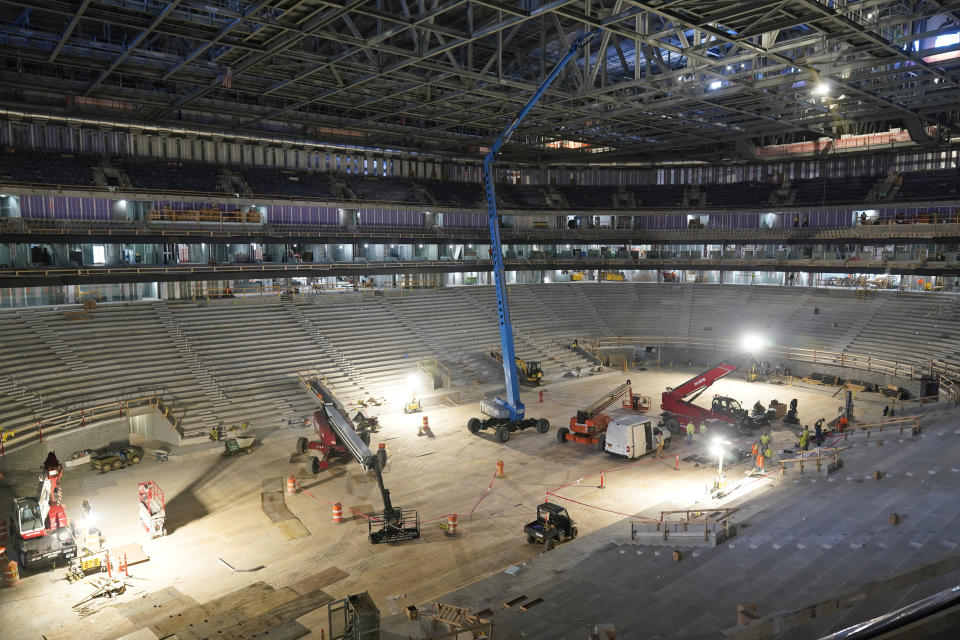 Construction continues at UBS Arena, the future home of the New York Islanders NHL hockey team, in Elmont, N.Y., Thursday, June 3, 2021. The building will have all the bells and whistles and be better accessible to Islanders fans than the recent temporary home in Brooklyn, and the hope is it will provide a strong home-ice advantage for decades to come. (AP Photo/Seth Wenig)