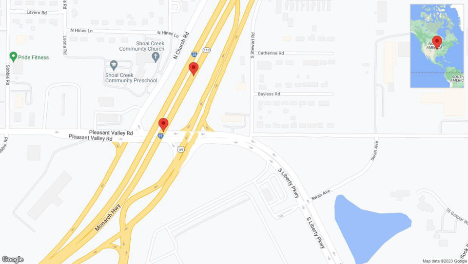 A detailed map that shows the affected road due to 'Broken down vehicle on northbound I-35 in Liberty' on October 16th at 1:50 p.m.